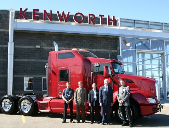 At the recent grand opening of Lloydminster Kenworth, from left are: Bryan Robinson, branch manager; Neil Vonnahme, Kenworth general sales manager; Kelly Kennedy, Kenworth region manager; Gary Moore, Kenworth assistant general manager; and Gilles Robert, Edmonton Kenworth truck sales manager.