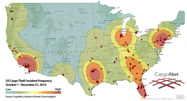 A map showing the highest-risk regions of the US for cargo crime.