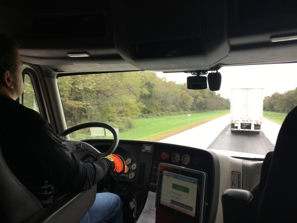 Hands-free driving of the second truck in a two-truck platoon.