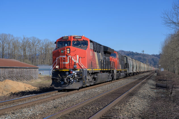 Abbotsford, British Columbia / Canada - March 3, 2019: Canadian National potash train rolling through Abbotsford, BC.