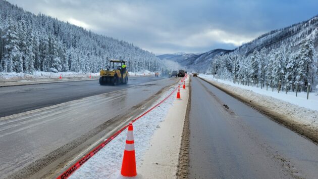 Picture of crews paving Highway 5 at Murray Flats