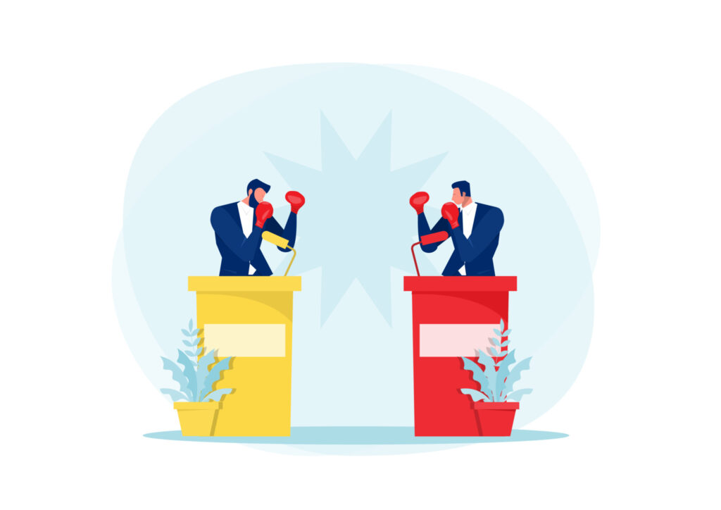 Two men Active Political Discussion, Debating, Cartoon Flat Vector Illustration