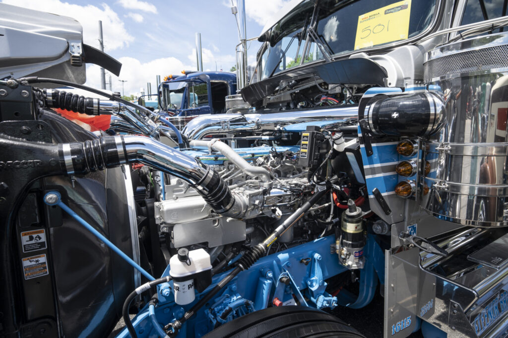 An engine on display at Shell Rotella SuperRigs