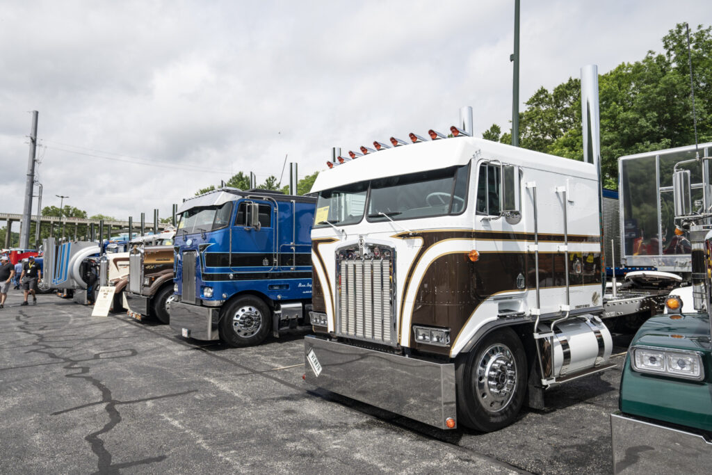 Trucks, including cabovers, parked at Shell Rotella SuperRigs