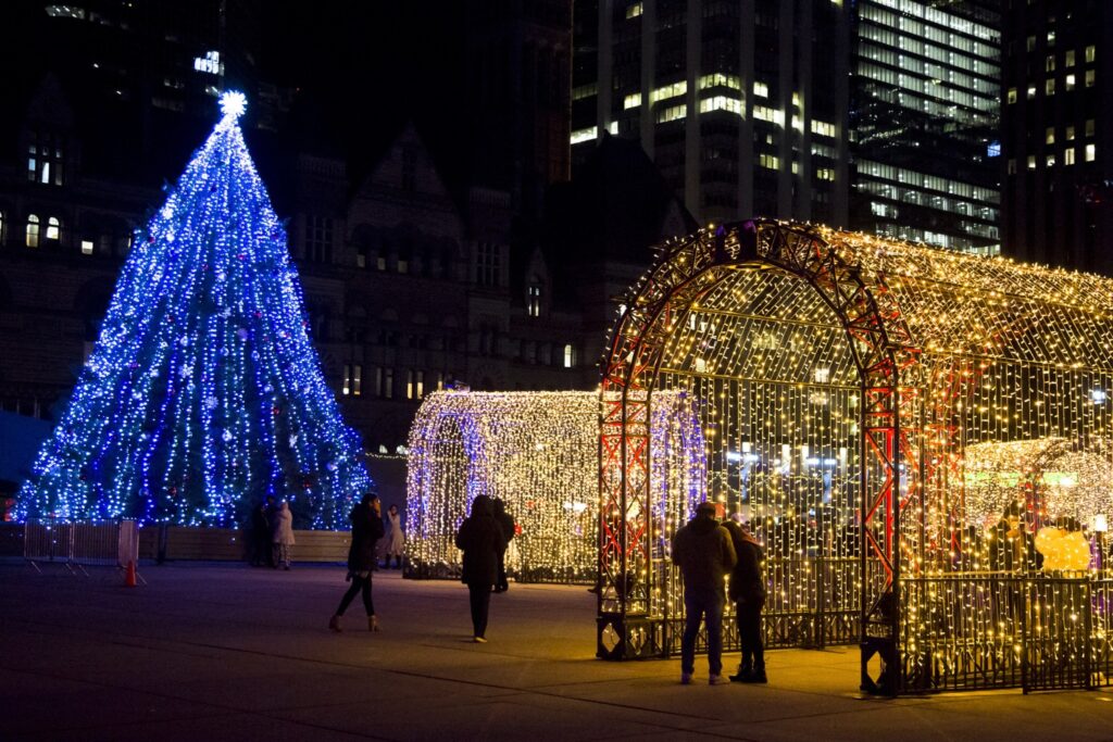 Christmas tree lit up at Nathan Phillips Square, Toronto