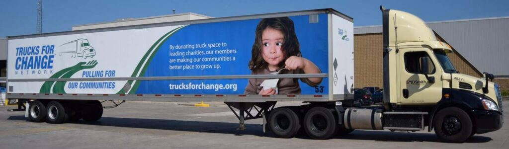 Trailer wrapped with Trucks For Change messaging