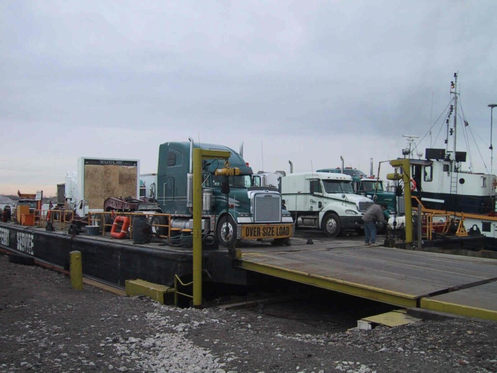 Trucks cross at the Windsor-Detroit Truck Ferry