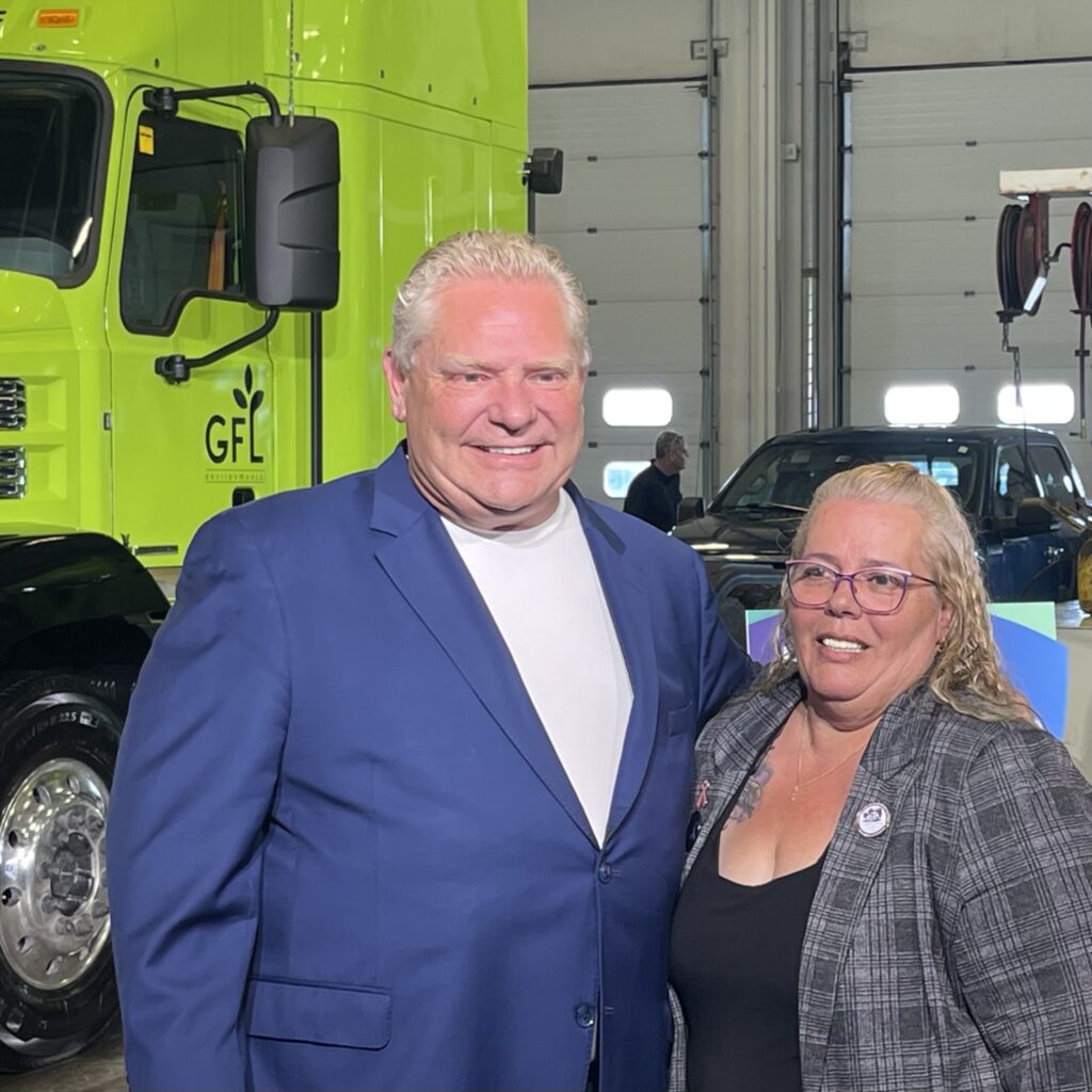 Ontario Premier Doug Ford poses with Shelley Walker, CEO of the Women's Trucking Federation of Canada