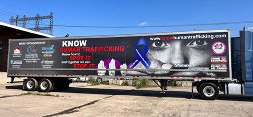 Trailer wrapped in anti-human trafficking information