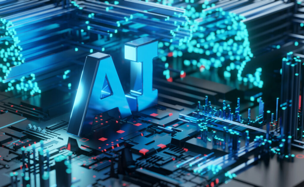 Artificial Intelligence (AI) machine learning innovation technology on circuit board, 3d rendering