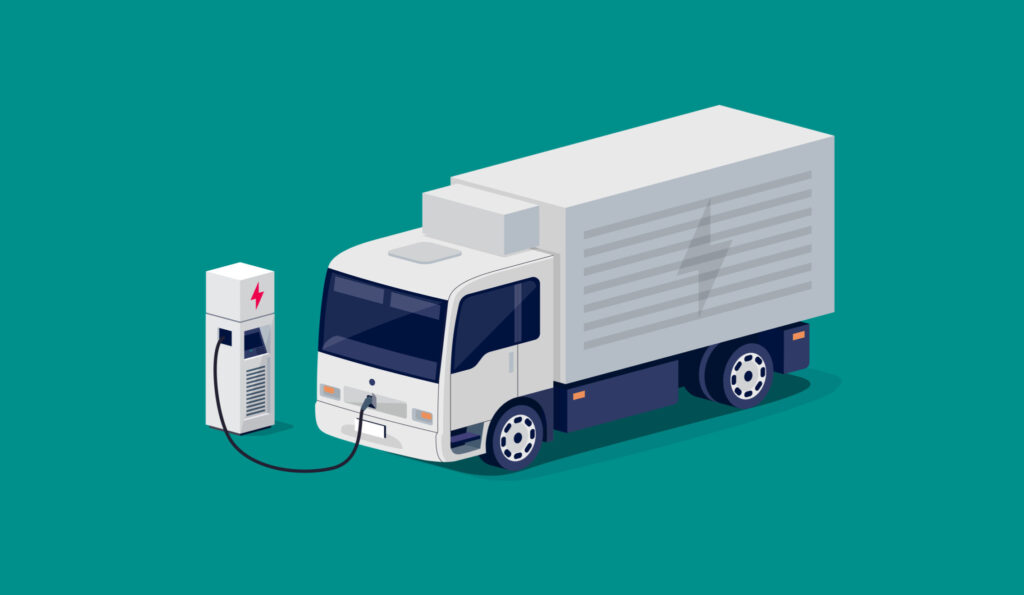 Illustration of a electric box truck charging