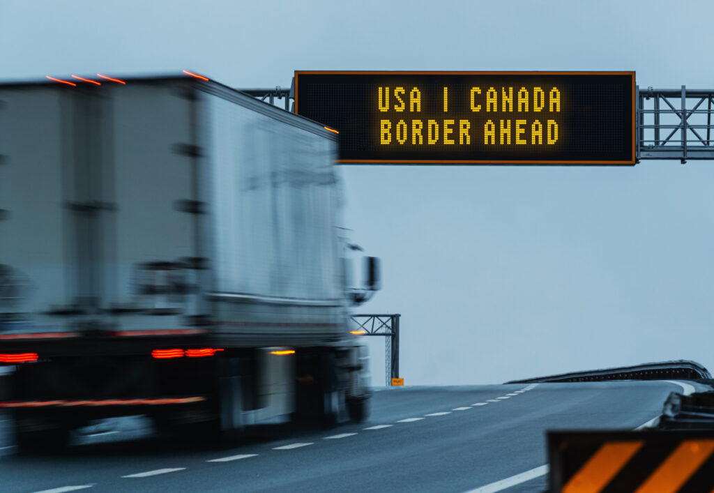 A truck approaching the U.S.-Canada border.