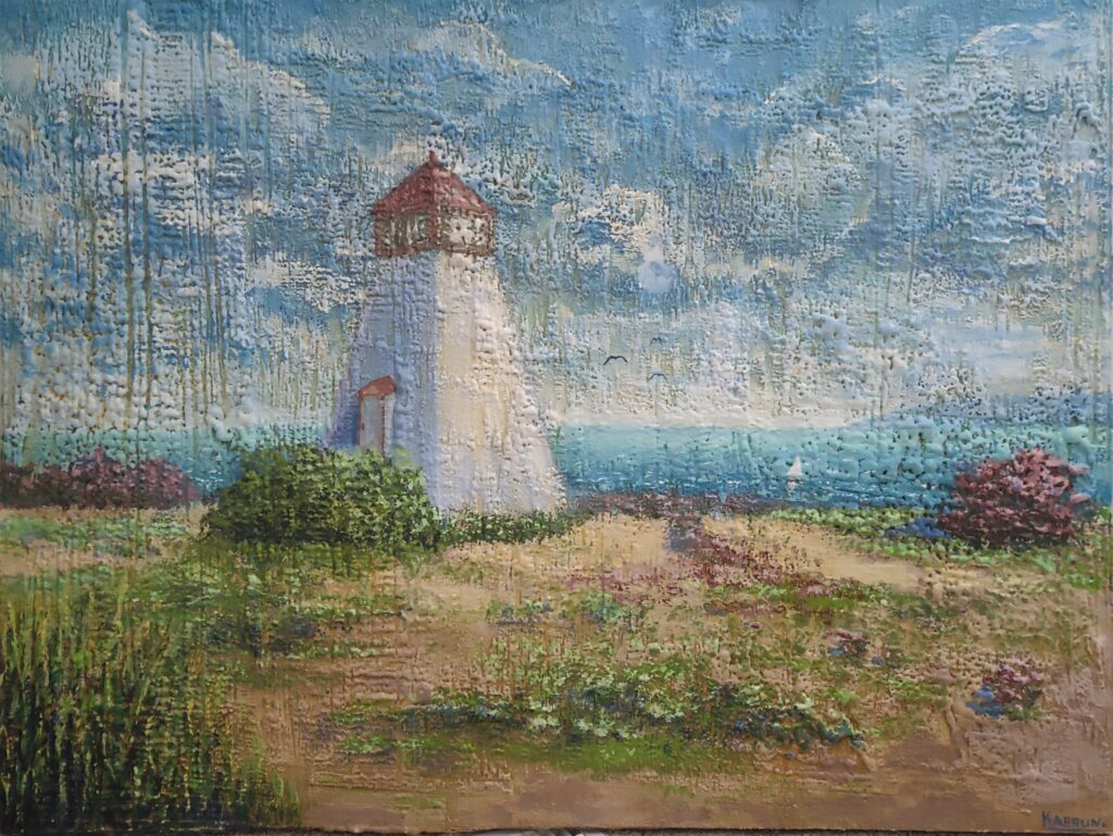 painting is of the Lighthouse with the Lake Winnipeg on the background
