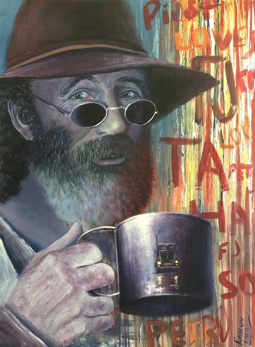Eugene Kabrun's painting called Safe Trip shows a trucker with a hat on, drinking from a cup that has a truck painted on it