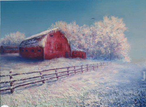 Eugene Kabrun's painting shows a snowed-inn farm