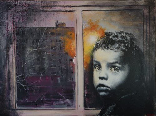 Eugene Kabrun's painting 'War' shows a child in front of the window as the missile hits a building in Mariupol, Ukraine